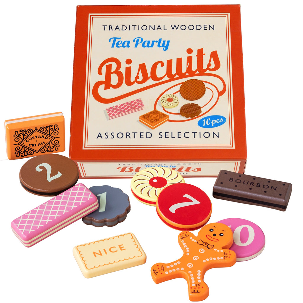 A colorful assortment of wooden toy biscuits displayed near a tea party box labeled "Traditional Wooden Tea Party Biscuits."
