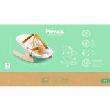 Djeco Pomea wooden doll bouncer with patterned fabric seat and orange straps for 30-34 cm dolls.