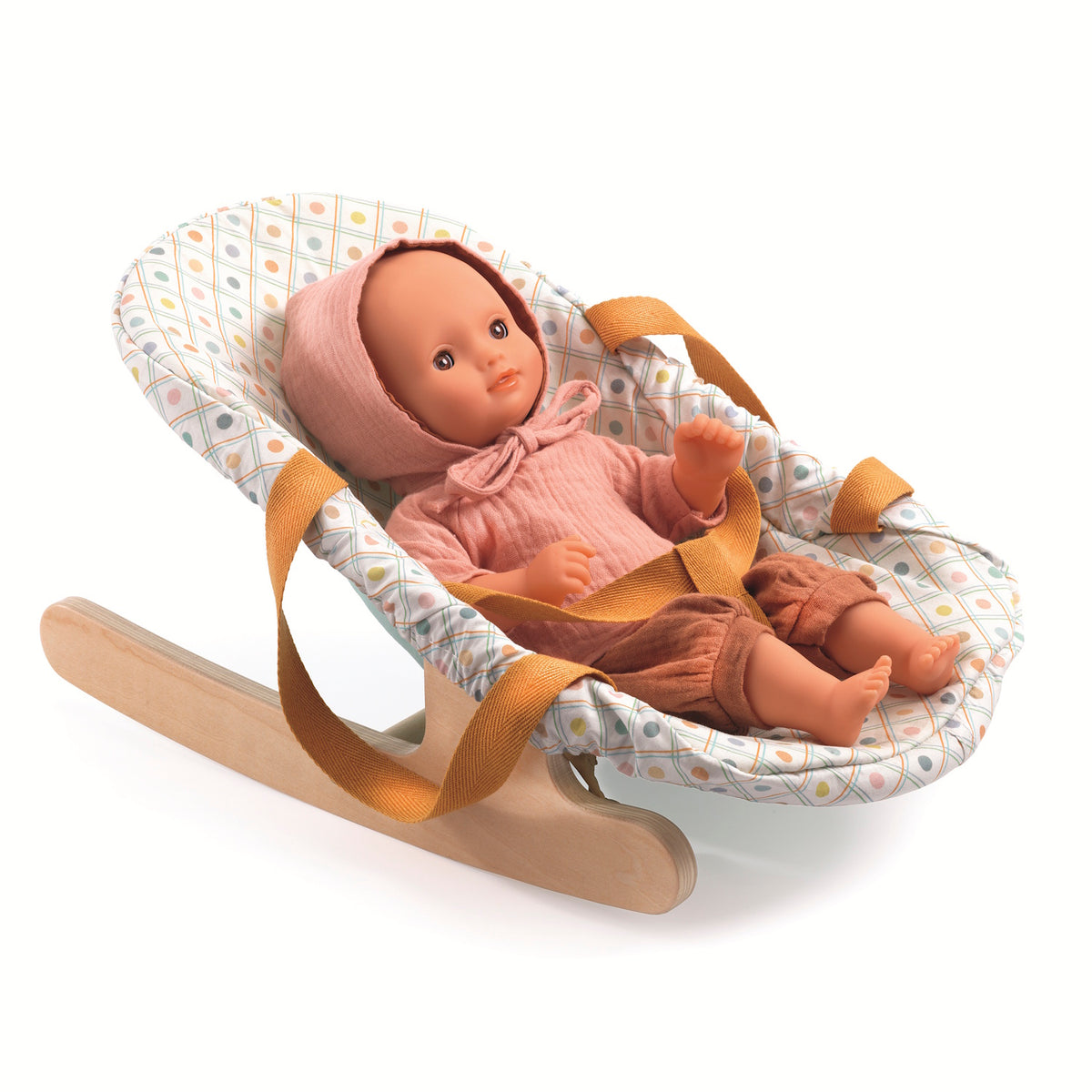 Realistic baby doll in a wooden rocking bouncer with polka dot fabric seat and pink bonnet.