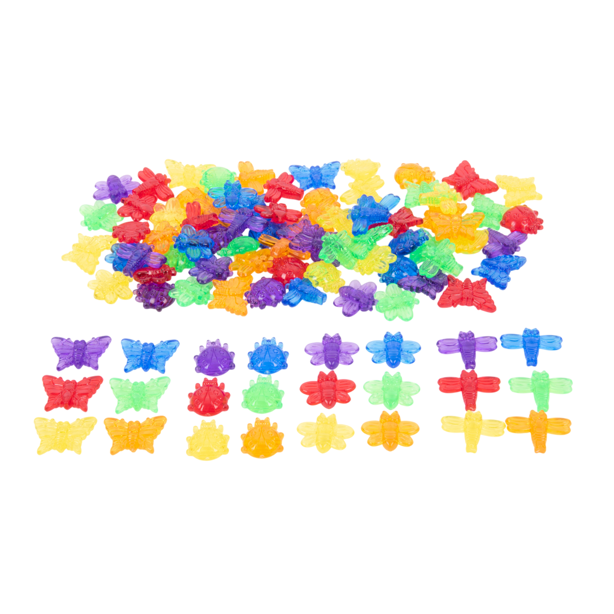 A set of colorful, see-through plastic bug figures designed for sensory play, sorting, counting, and light table exploration.