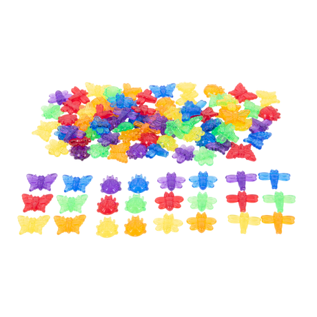 A set of colorful, see-through plastic bug figures designed for sensory play, sorting, counting, and light table exploration.