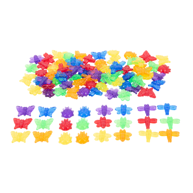 A set of colorful, see-through plastic bug figures designed for sensory play, sorting, counting, and light table exploration.