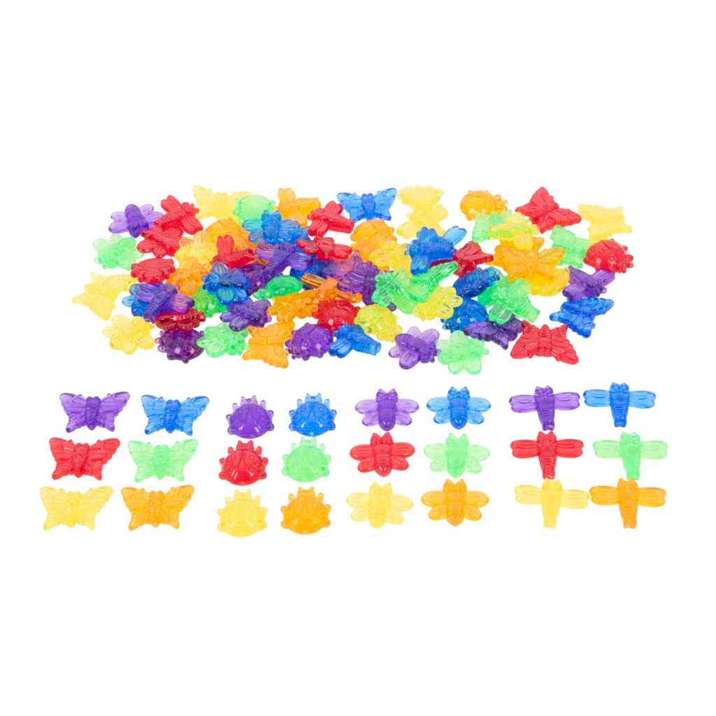 A set of colorful, see-through plastic bug figures designed for sensory play, sorting, counting, and light table exploration.