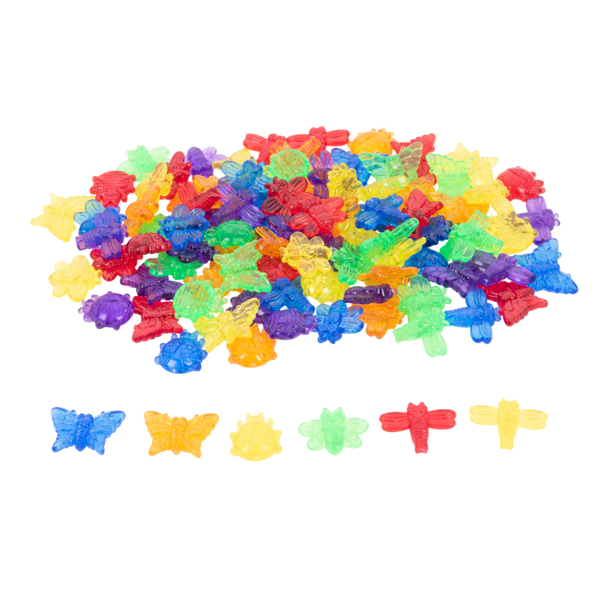 A set of colorful, see-through plastic bug figures designed for sensory play, sorting, counting, and light table exploration.