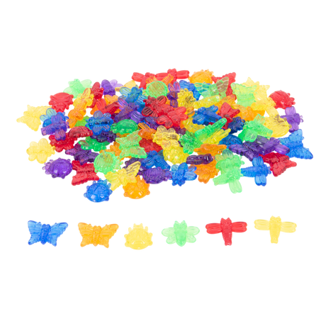 A set of colorful, see-through plastic bug figures designed for sensory play, sorting, counting, and light table exploration.