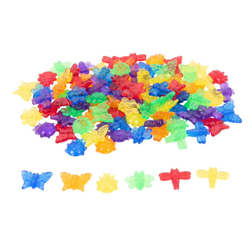 A set of colorful, see-through plastic bug figures designed for sensory play, sorting, counting, and light table exploration.