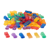 A set of small, see-through plastic cars in bright colors, designed to support imaginative play and color recognition in young children.
