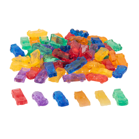 A set of small, see-through plastic cars in bright colors, designed to support imaginative play and color recognition in young children.