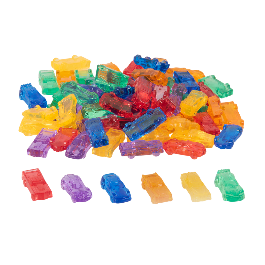 A set of small, see-through plastic cars in bright colors, designed to support imaginative play and color recognition in young children.