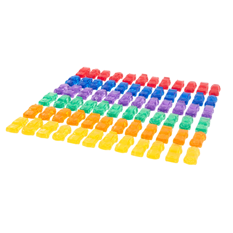 A set of small, see-through plastic cars in bright colors, designed to support imaginative play and color recognition in young children.