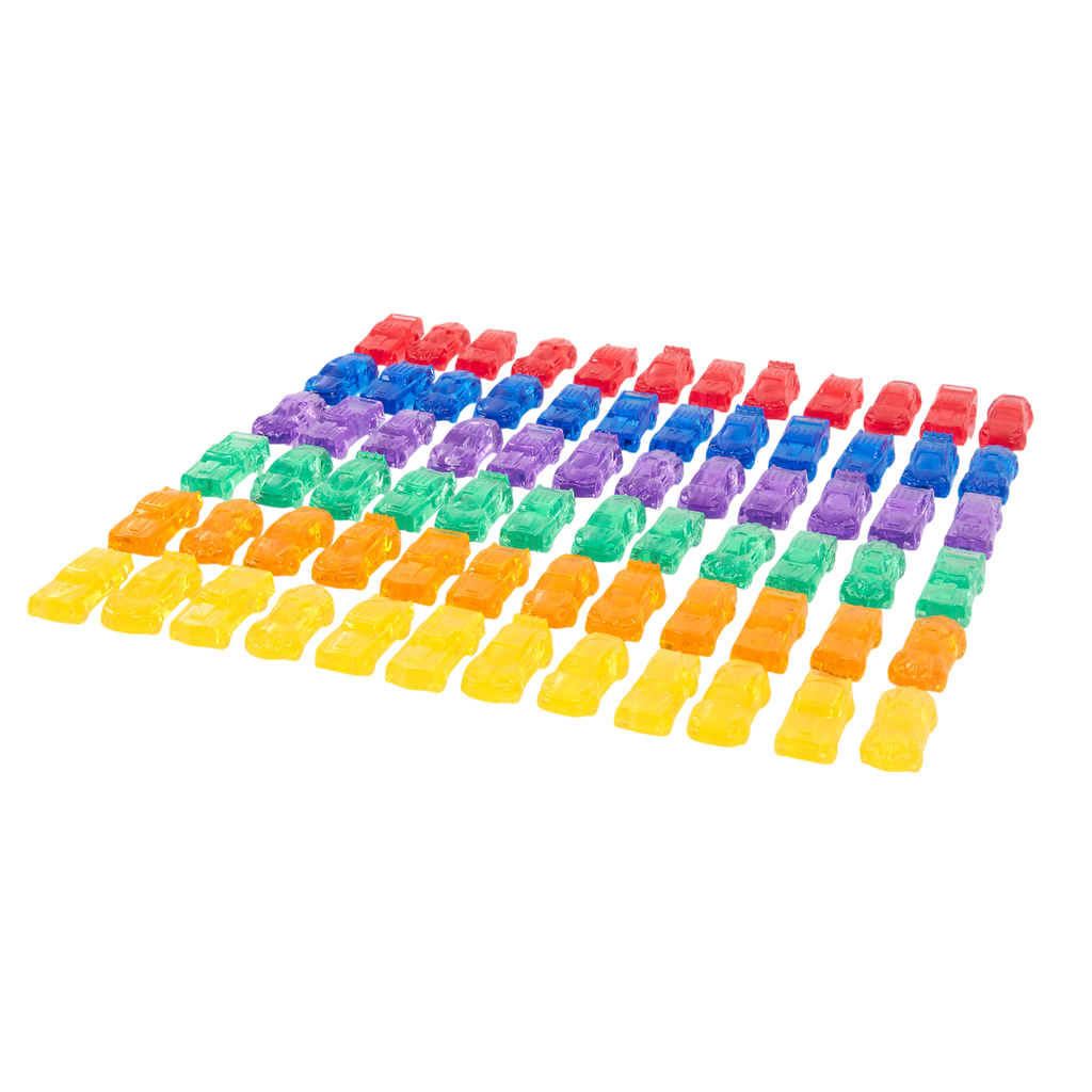 A set of small, see-through plastic cars in bright colors, designed to support imaginative play and color recognition in young children.
