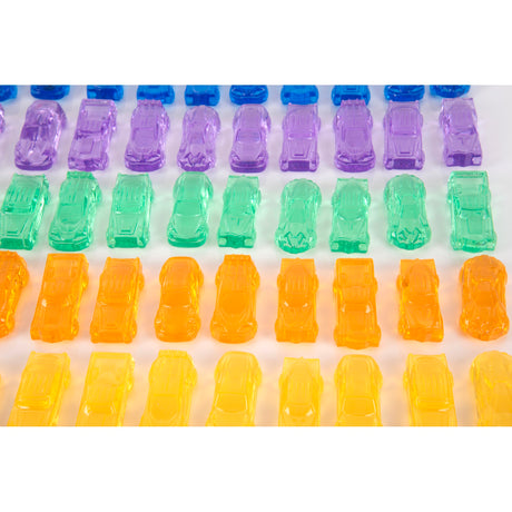A set of small, see-through plastic cars in bright colors, designed to support imaginative play and color recognition in young children.