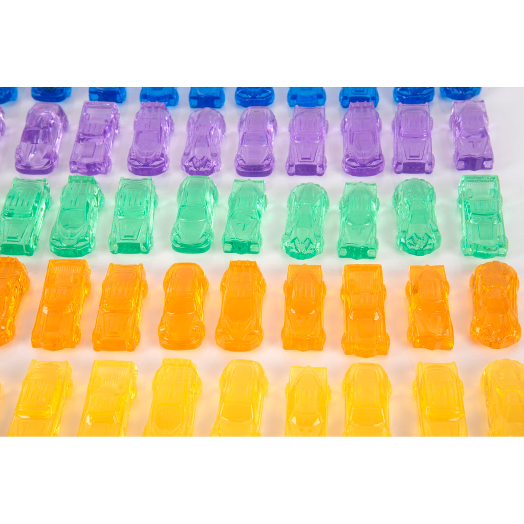 A set of small, see-through plastic cars in bright colors, designed to support imaginative play and color recognition in young children.
