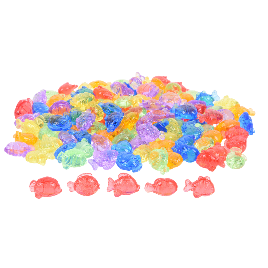 A set of brightly colored see-through fish figures, designed for sensory play, counting, sorting, and color recognition activities.