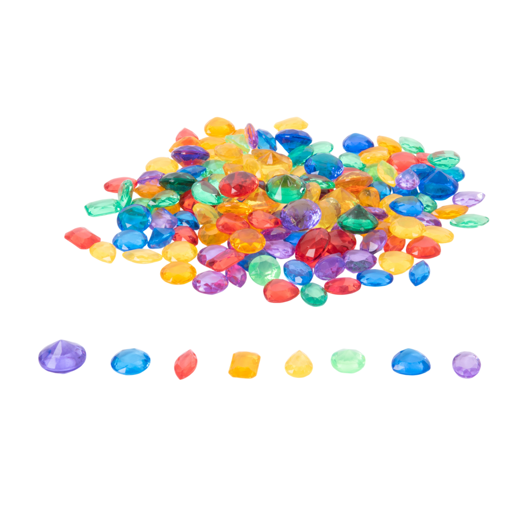A collection of brightly colored, see-through plastic gems, ideal for sensory play, sorting, counting, and light table activities.