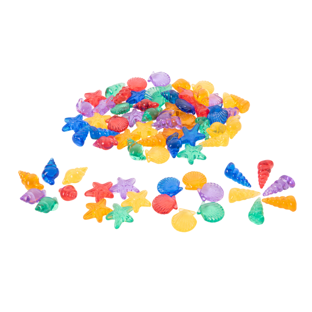 A set of vibrant, see-through plastic shells designed for sensory exploration, sorting, counting, and light-based activities.