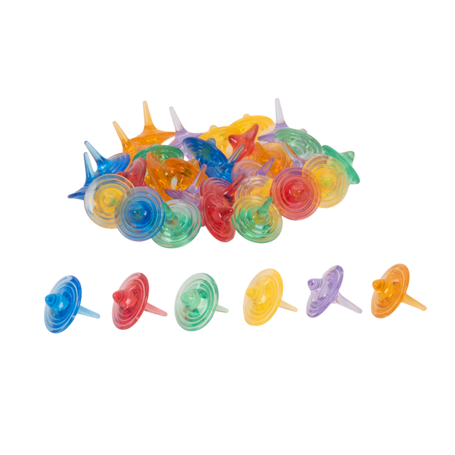 A set of spinning sensory toys with clear, colorful discs that create visual effects, ideal for exploring color mixing and motion.