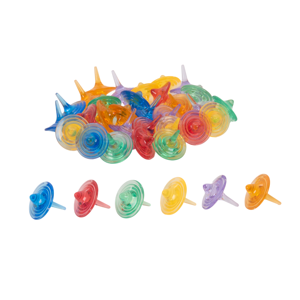 A set of spinning sensory toys with clear, colorful discs that create visual effects, ideal for exploring color mixing and motion.