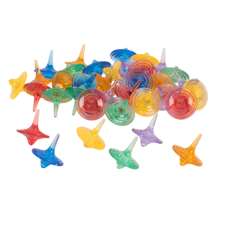 A set of spinning sensory toys with clear, colorful discs that create visual effects, ideal for exploring color mixing and motion.