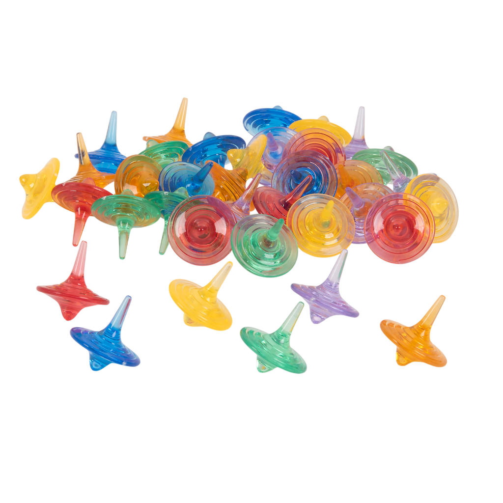 A set of spinning sensory toys with clear, colorful discs that create visual effects, ideal for exploring color mixing and motion.