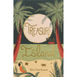 Book cover of "Treasure Island" by Robert Louis Stevenson features tropical elements: palm trees, moon, ship, parrot, and a crab, conveying adventure.
