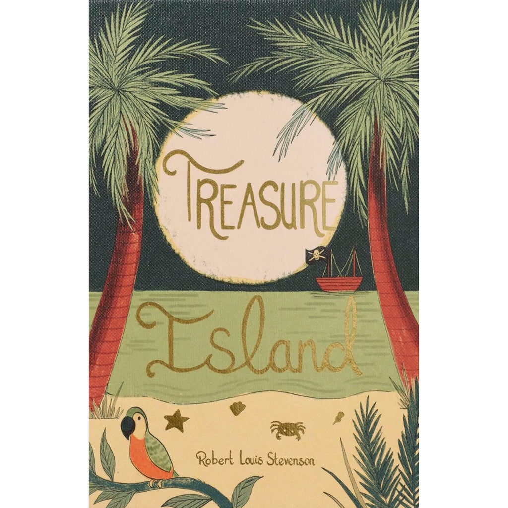 Book cover of "Treasure Island" by Robert Louis Stevenson features tropical elements: palm trees, moon, ship, parrot, and a crab, conveying adventure.
