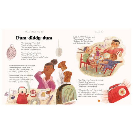 Children's book spread "Dum-diddy-dum" featuring a family eating breakfast with colorful illustrations and rhyming text.