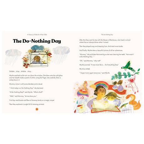 Children's book spread for "The Do-Nothing Day" featuring illustrations of a girl looking at rain and reading with her mom.