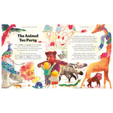 Colorful children's book illustration for The Animal Tea Party featuring a giraffe, bear, lion, and monkeys with children.