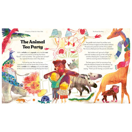 Colorful children's book illustration for The Animal Tea Party featuring a giraffe, bear, lion, and monkeys with children.