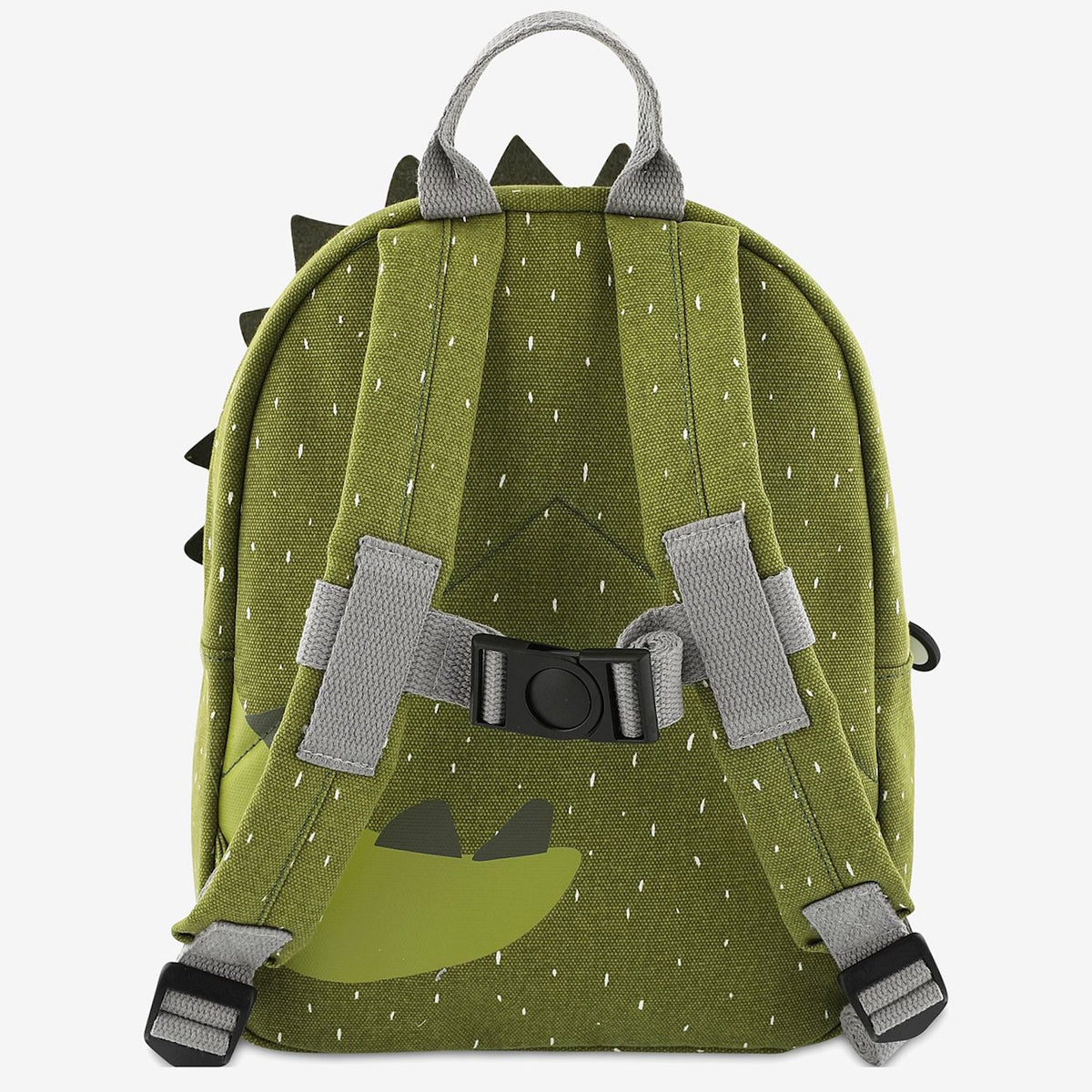 The back of a green dinosaur toddler backpack with adjustable gray shoulder straps and a chest buckle.