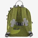 The back of a green dinosaur toddler backpack with adjustable gray shoulder straps and a chest buckle.