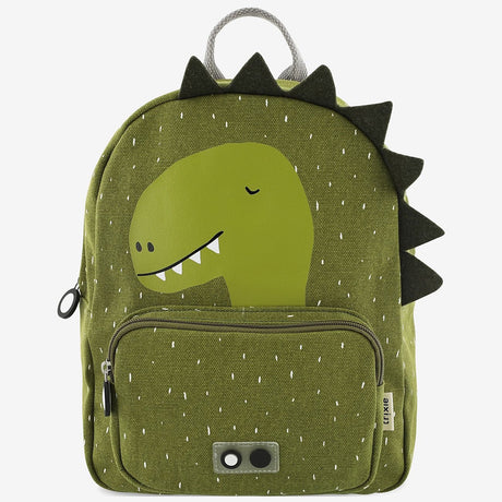 Green kids' backpack featuring a cute cartoon dinosaur head print, white specks, and felt spikes on the side.