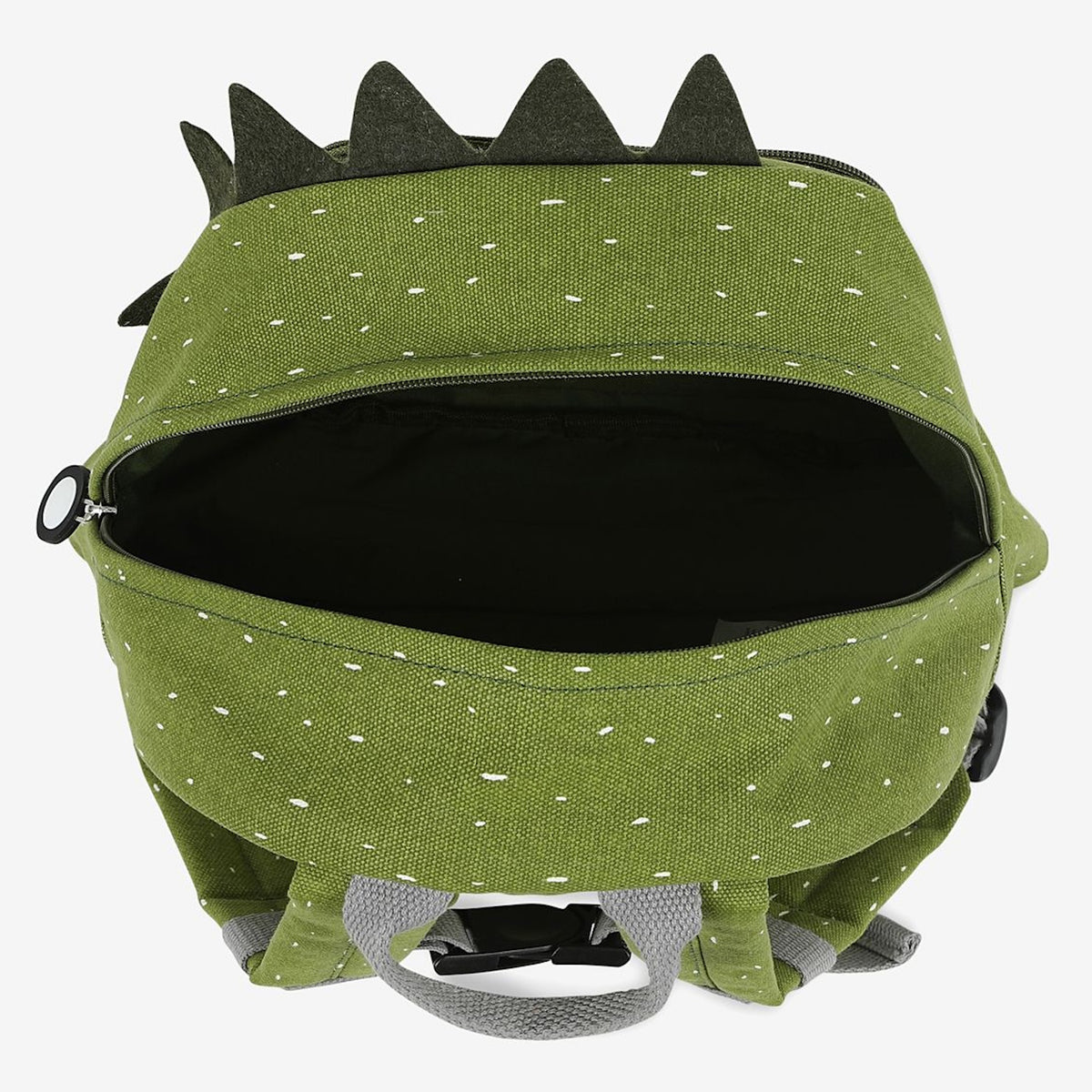 Top view of an open green dinosaur backpack with white speckles, dark felt spikes, and a grey handle.