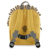 The back view of a yellow children's backpack with gray shoulder straps, a chest strap, and felt lion mane trim.