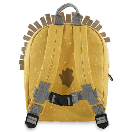 The back view of a yellow children's backpack with gray shoulder straps, a chest strap, and felt lion mane trim.