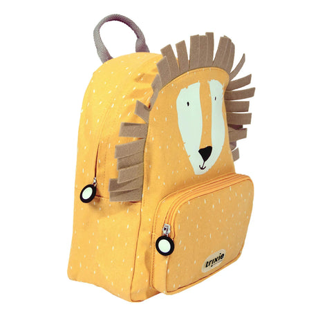 Yellow kids' backpack shaped like a lion with a stylized face print, white specks, and a brown felt mane.