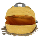 Top view of an open yellow lion backpack with white speckles, brown felt mane fringe, and a grey handle.