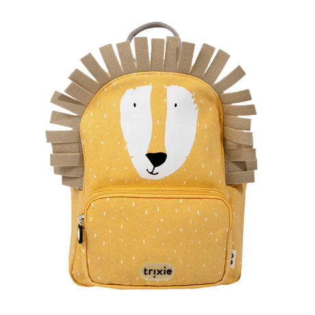 Yellow children's backpack designed like a cartoon lion face with a brown felt mane and a front zip pocket.