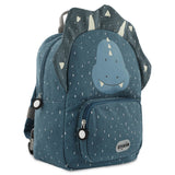 Blue children's backpack designed like a cartoon triceratops with a fabric frill, horns, and a front pocket.