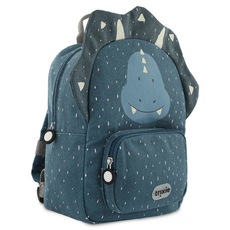 Blue children's backpack designed like a cartoon triceratops with a fabric frill, horns, and a front pocket.