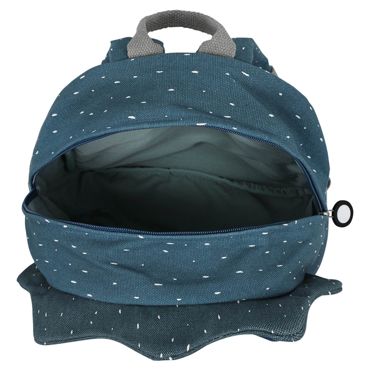 Open blue speckled triceratops backpack showing the empty main compartment and a grey top handle.