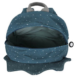 Open blue speckled triceratops backpack showing the empty main compartment and a grey top handle.
