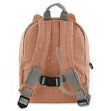 The back view of a pink children's backpack with white specks, gray shoulder straps, and a chest strap.