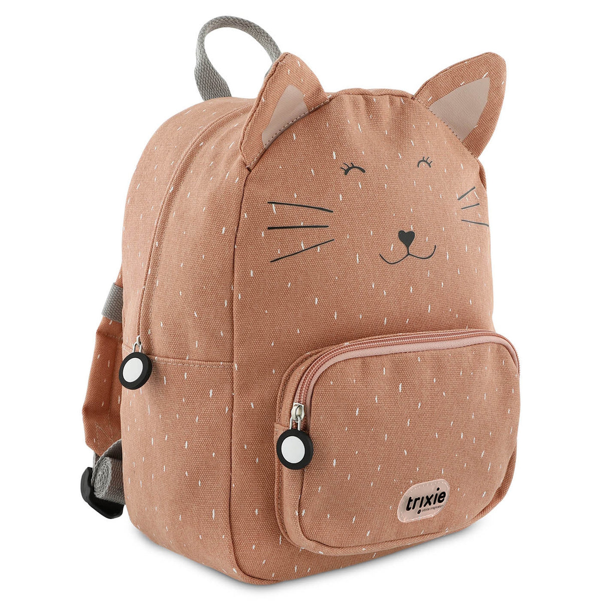 A dusty pink cat backpack with white speckles, pointy ears, a stitched whiskers face, and a front pocket.
