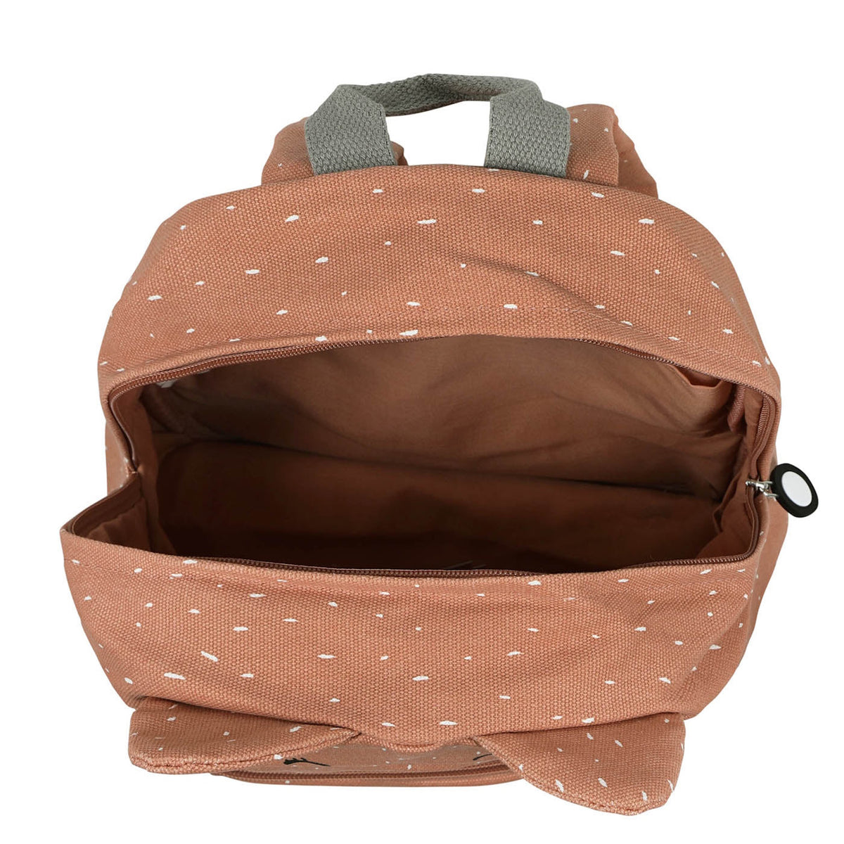 An open, pinkish-brown children's backpack with a white speckled pattern, grey handle, and cat ears.