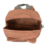 An open, pinkish-brown children's backpack with a white speckled pattern, grey handle, and cat ears.