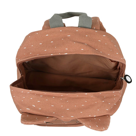 An open, pinkish-brown children's backpack with a white speckled pattern, grey handle, and cat ears.