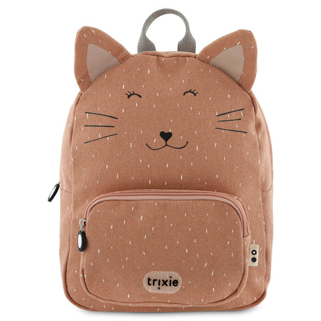 Pinkish-brown cat backpack with a speckled pattern, a smiling cat face, pointy ears, and a front pocket.