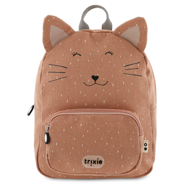 Pinkish-brown cat backpack with a speckled pattern, a smiling cat face, pointy ears, and a front pocket.